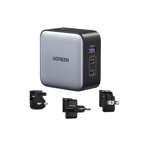 Ugreen 3 Port (1 x USB A, 2 x USB C) 65W GaN Tech Worldwide Travel Fast Charger with US/UK/EU Plug for Travel Gray (CD296/90409)